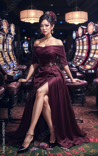 beautiful gambler asian woman in dress at luxury casino , generative AI