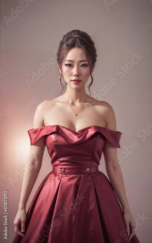 portrait photo of beautiful asian woman in dress at luxury hall night , generative AI