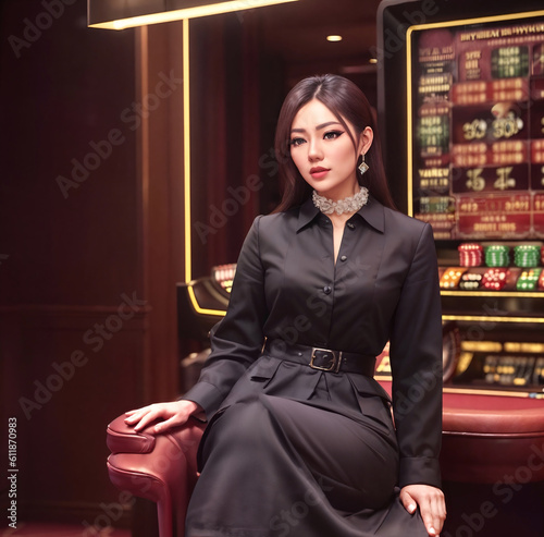 beautiful gambler asian woman in dress at luxury casino , generative AI