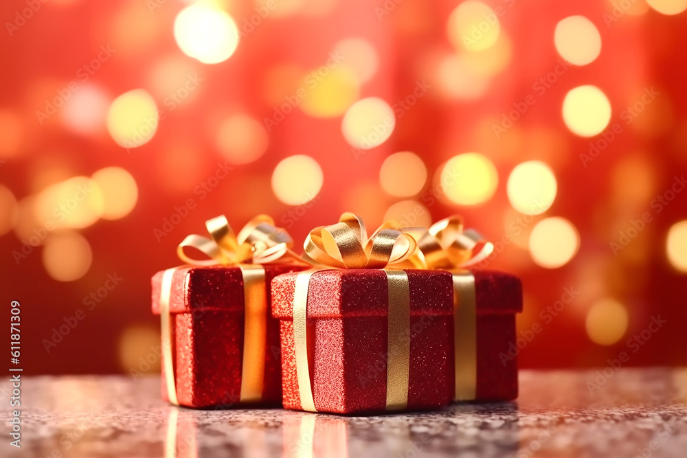 Red gift boxes with golden bows on the background of bokeh effect. Generative AI Red gift boxes with golden bows on the background of bokeh effect. Generative AI