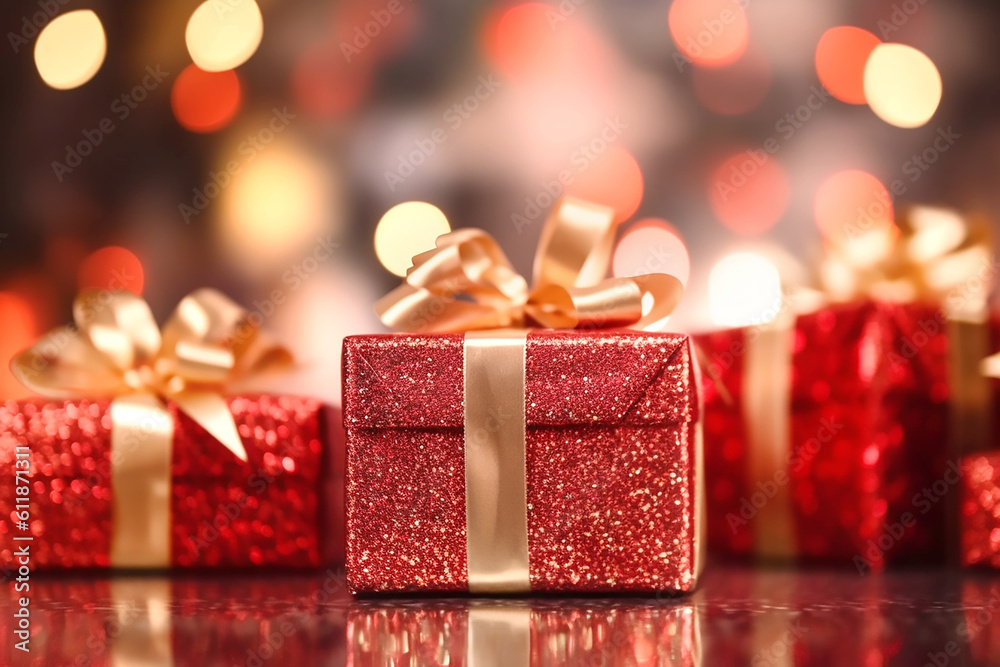 Red gift boxes with golden bows on the background of bokeh effect. Generative AI Red gift boxes with golden bows on the background of bokeh effect. Generative AI