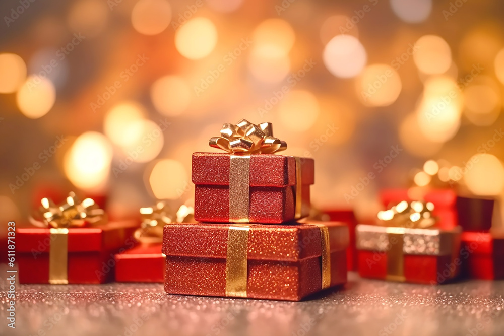 Red gift boxes with golden bows on the background of bokeh effect. Generative AI Red gift boxes with golden bows on the background of bokeh effect. Generative AI