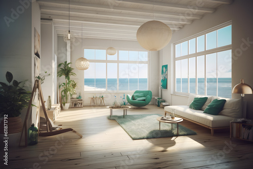 sea view living room with blue wall in beach house  luxury bright interior