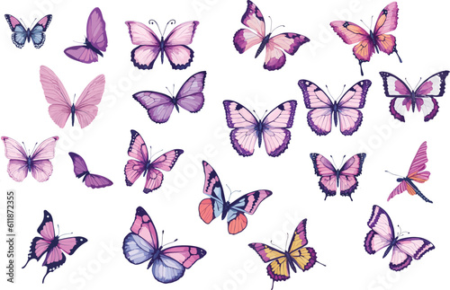 collection of butterflies on isolated white background.watercolor butterfly png collection.Butterflies clipart set , watercolor illustration.Decoration Elements vector.