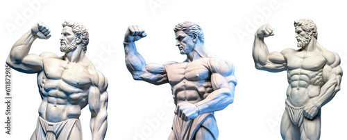 A collection of Greek sculptures of bodybuilders on a transparent background. Generative AI