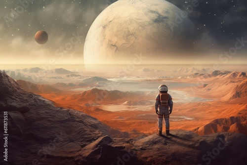 Man astronaut in a spacesuit on the surface of the planet in outer space. Ai Generative AI