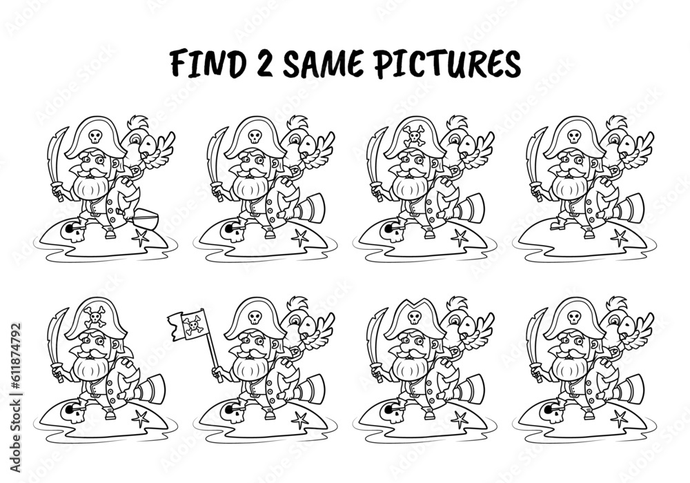 Pirate with a parrot on the island. Find two identical pictures. Educational game for kids. Black and white vector illustration