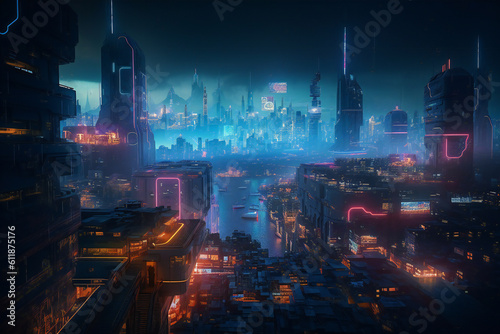 Illustration of a illuminated futuristic city in the night. Created with Generative AI technology.