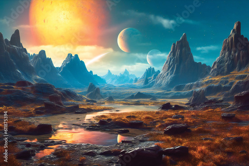 Fantasy alien planet landscape. Created with Generative AI technology.
