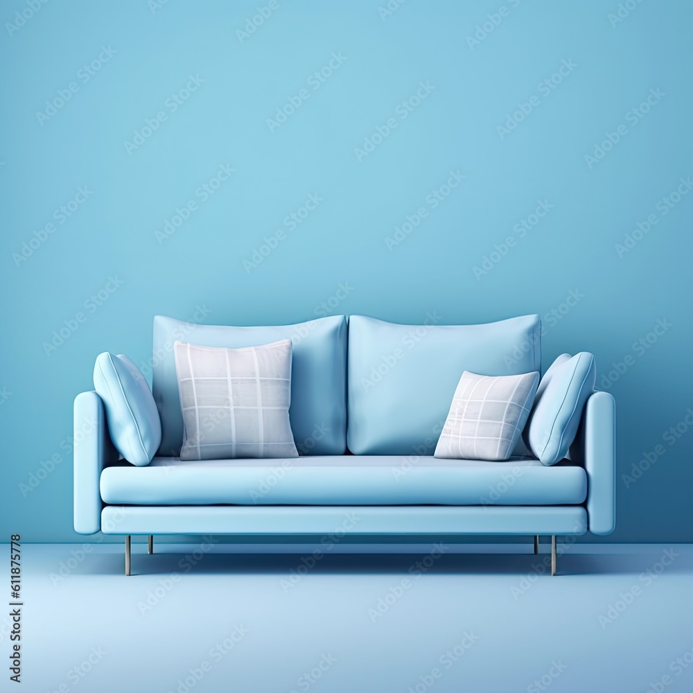 Naklejka premium Soft blue sofa on blue background with bright light