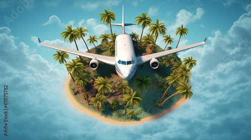 3D illustration, view from above, Passenger airplane and tropical palm on a paradise island. blue background, Unusual travel 3d illustration. Summer vacation and air travel concept photo