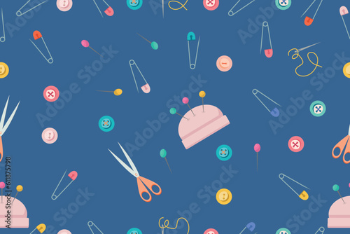 Vector seamless pattern using sewing tools. Vector illustration in a flat style
