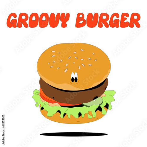 Cute Burger in Retro Cartoon Style.  Vintage Character for Logo  Fast Food Restaurant Menu  Promo Banners and Advertising