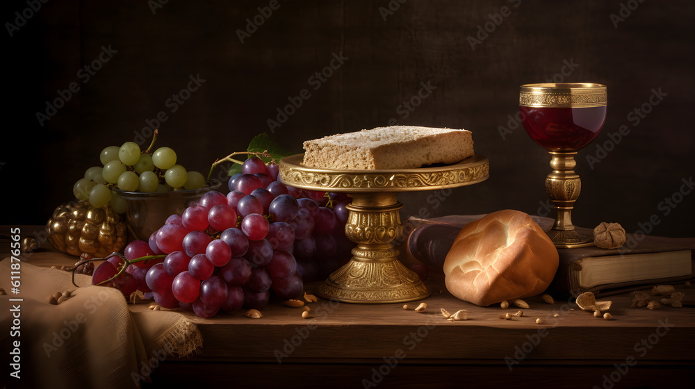Cup of wine, bread. grapes and wheat on vintage table