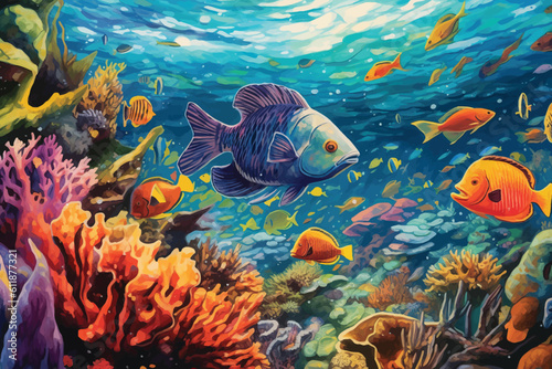 painting of underwater world with coral fishes  © Arash