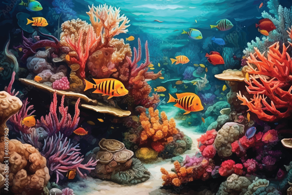 painting of underwater world with coral fishes 