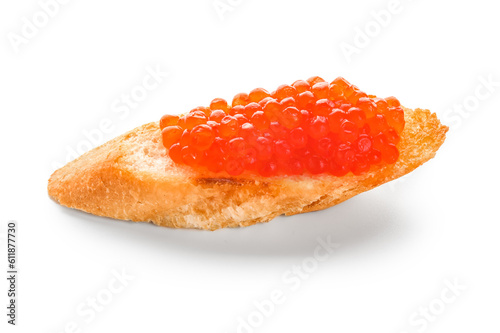 Tasty bruschetta with red caviar on white background