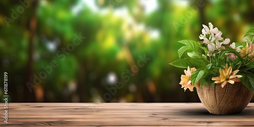 Abstract beautiful garden table setting with nature s delights and flowers. Background for summer