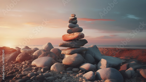 the stack of stones stands on the rocks on the beach at sunset