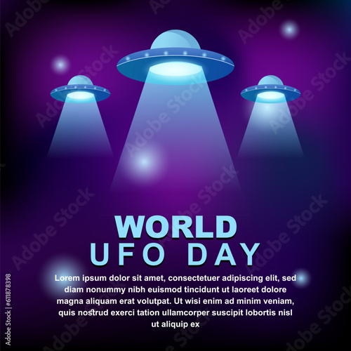 World ufo day 2 july, poster greeting card illustration design with UFO in background galaxy night purple