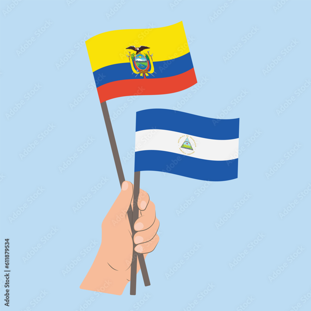 Flags of Ecuador and Nicaragua, Hand Holding flags Flags of Ecuador and Nicaragua, Hand Holding flags