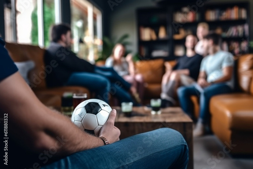 under waist shot of unrecognizable Friends watching football at home