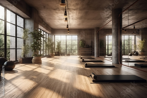 Modern yoga gym interior with unrolled yoga mats equipment   Sports gym exercises   Healthy lifestyle   Created with generative AI