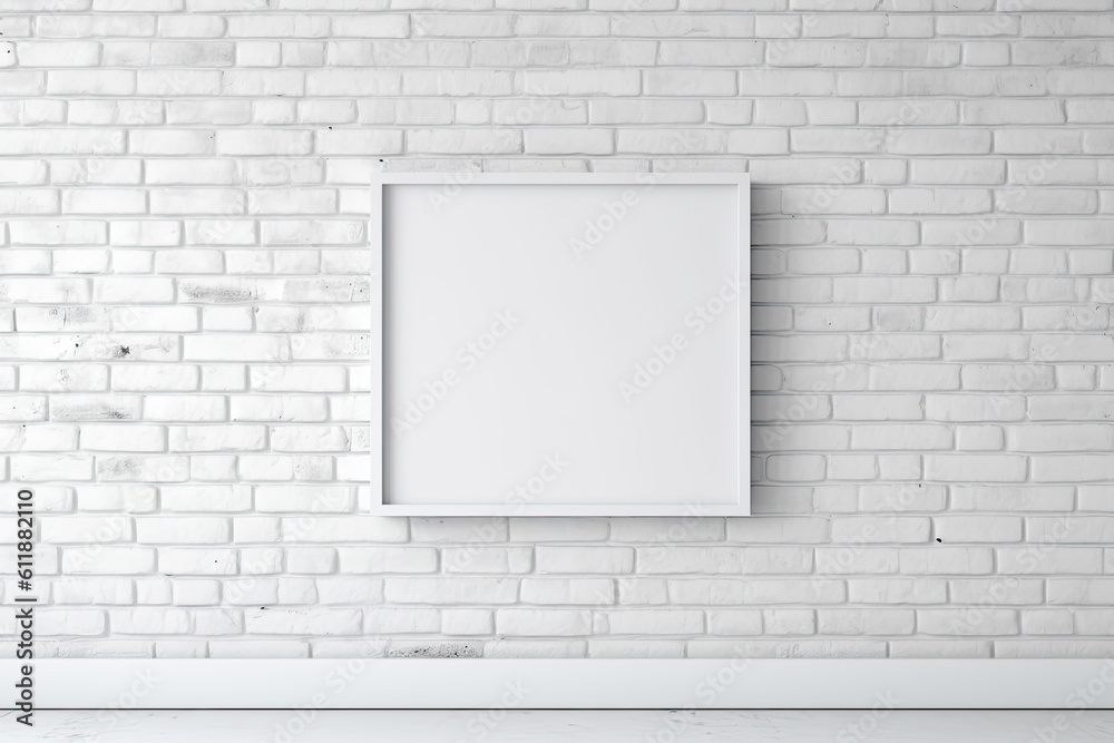 Blank white frame on white brick wall mockup, Generative AI Blank white frame on white brick wall mockup, Generative AI