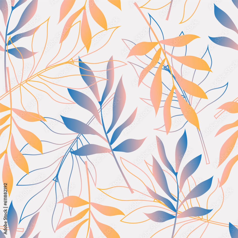 Fototapeta premium Modern tropical leaves in yellow and blue gradient on a white background create a seamless pattern for fabrics. Vector.
