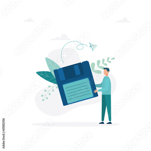 The guy is holding a floppy disk. The concept of saving digital data, file storage, archive or backup. Flat vector illustration for banner, poster.
