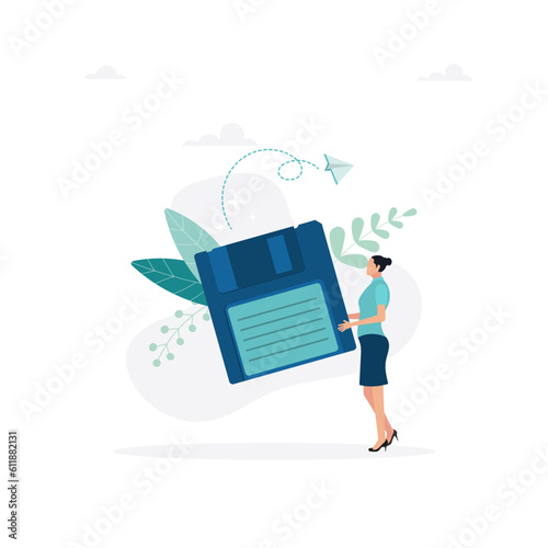 The girl is holding a floppy disk. The concept of saving digital data, file storage, archive or backup. Flat vector illustration for banner, poster.
