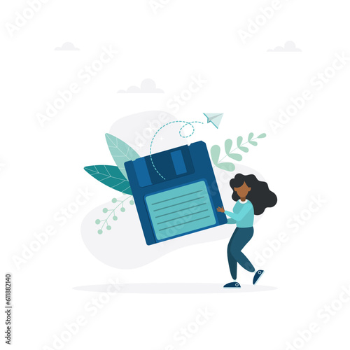 The girl is holding a floppy disk. The concept of saving digital data, file storage, archive or backup. Flat vector illustration for banner, poster.
