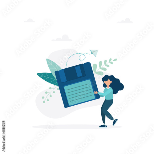 The girl is holding a floppy disk. The concept of saving digital data, file storage, archive or backup. Flat vector illustration for banner, poster.
