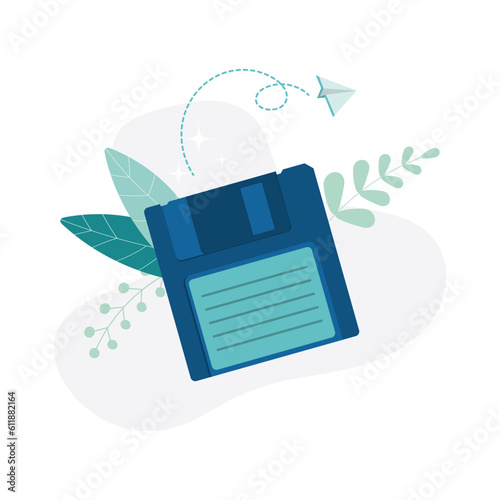 The concept of saving digital data, file storage, archive or backup. Old floppy. Flat vector illustration for banner, poster.
