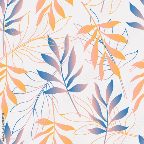 Modern tropical leaves in yellow and blue gradient on a white background create a seamless pattern for fabrics. Vector.