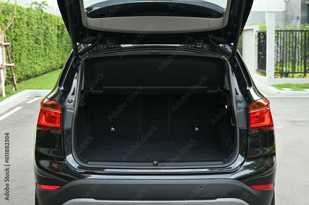 rear view of the car open trunk The exterior of a modern, modern car empty trunk