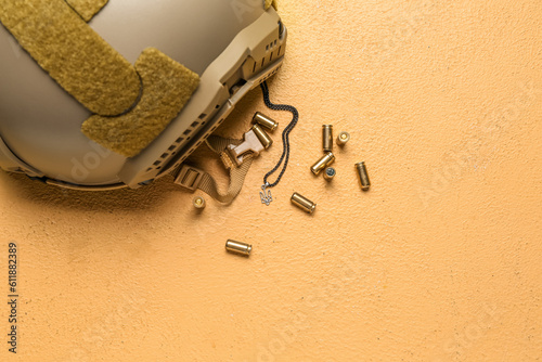 Military helmet, bullets an...