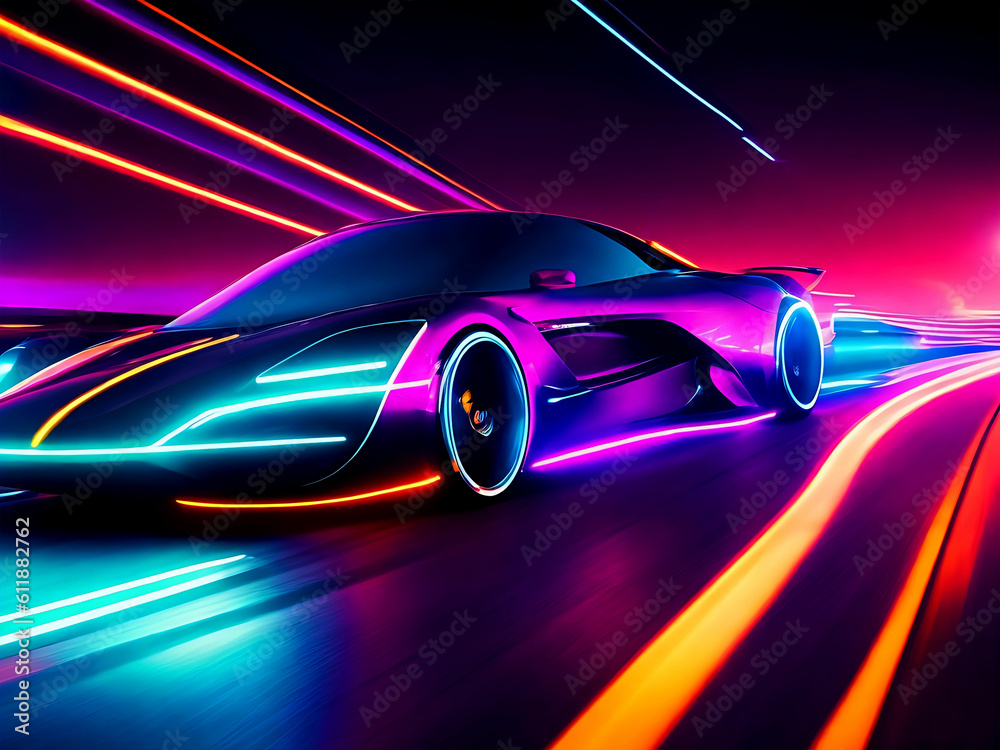 Futuristic Sports Car On Neon Highway. Powerful acceleration of a supercar on a night track.Generative AI