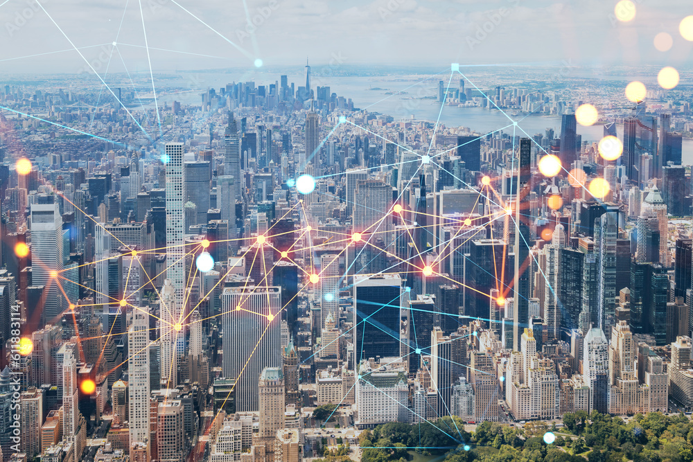 Fototapeta premium Aerial panoramic helicopter city view of Midtown Manhattan neighborhoods and Central Park, New York, USA. Social media hologram. Concept of networking and establishing new people connections