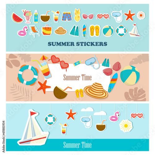 Sticker Cartoon summer elements, item or sign travel, beach, card, and summertime accessory