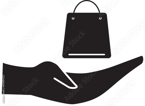 An illustration of an icon of a hand looking up over a shopping bag, symbolizing the act of giving a shopping bag