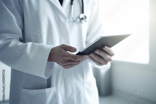 unrecognizable Doctor researcher or scientist browsing the internet on a tablet for information while working at a lab science facility or hospital,