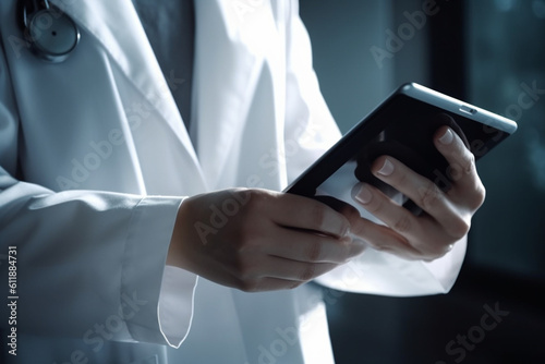 unrecognizable Doctor researcher or scientist browsing the internet on a tablet for information while working at a lab science facility or hospital,