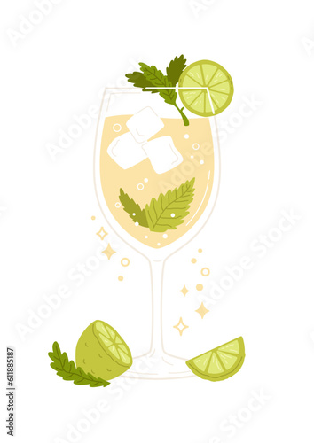 Hugo spritz cocktail with lime slice and mint leaves. Low-alcohol drink with ice cubes and sparkling soda water. Summer fresh beverage. Vector illustration with trendy italian aperetif.