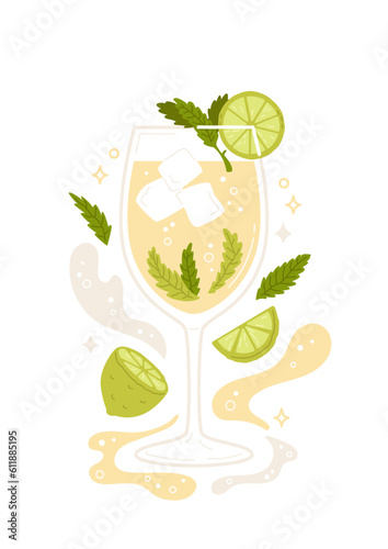 Hugo spritz cocktail with lime slice, mint leaves and sparkling soda water. Low-alcohol drink with ice cubes. Summer fresh beverage. Vector illustration with trendy italian aperetif, liquid shapes.