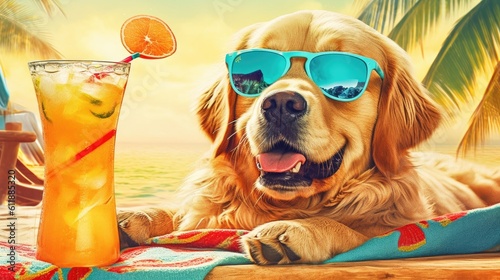 A cheerful golden retriever wearing sunglasses, lying on a colorful beach towel with a tropical drink in its paw, enjoying the sun - Generative Ai