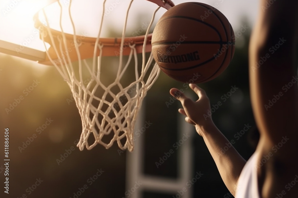 Unrecognizable Junior level basketball player bouncing basketball