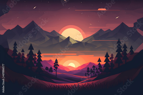 Simple cartoon of sunset in mountain illustration, ai generated © Elena