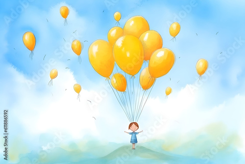 Girl with yellow balloons, happiness concept illustration, ai generated