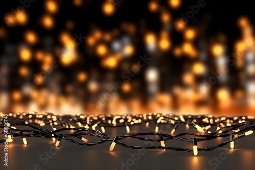 Wooden background with christmas lights around, ai generated